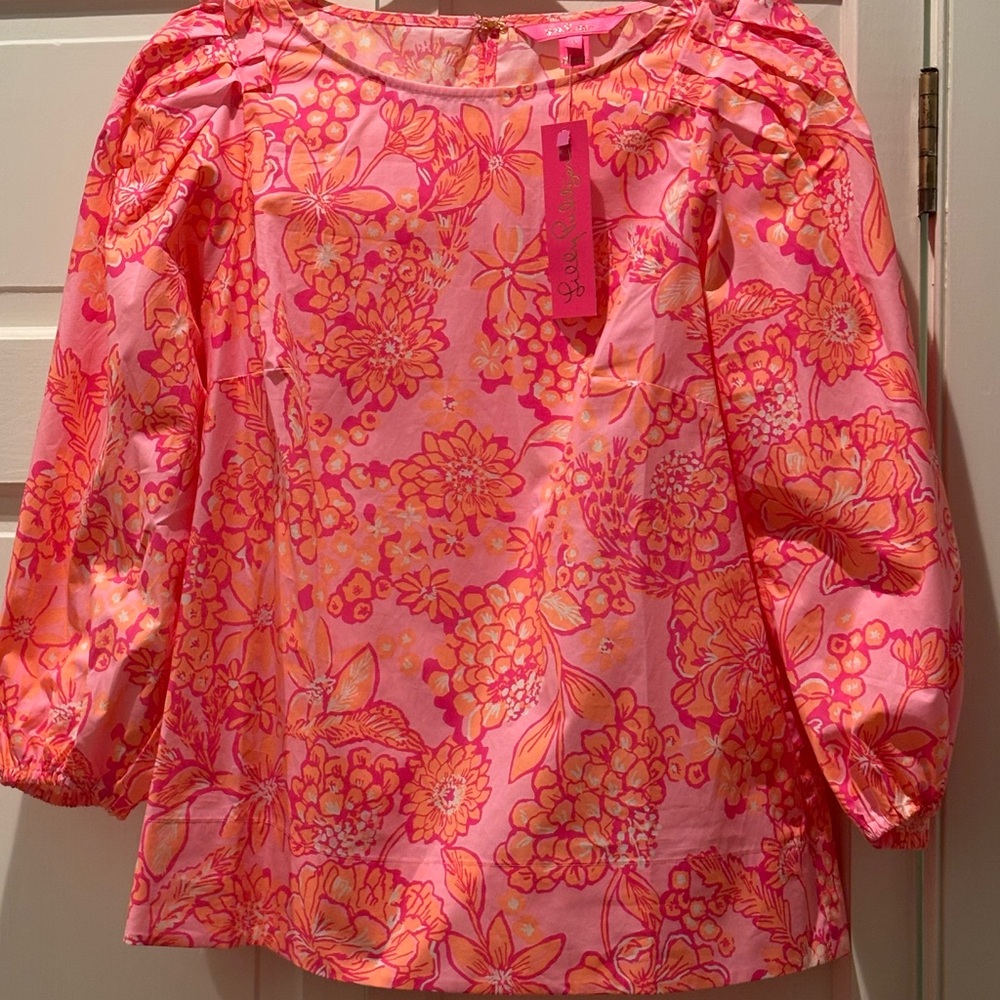 Lilly Pulitzer Vibrant Pink and Orange Floral Blouse